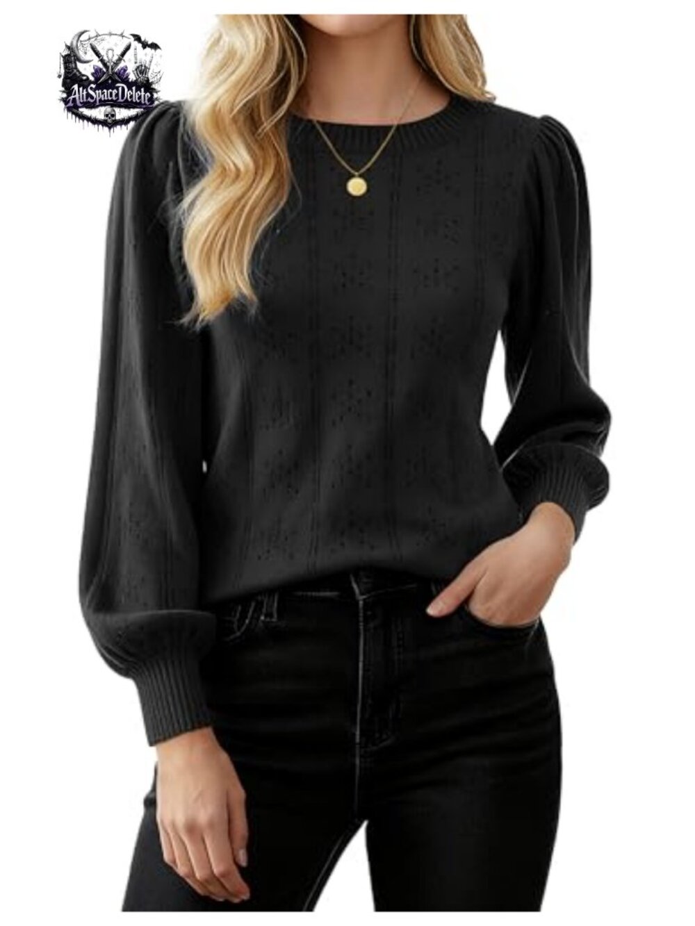Puff Long Sleeve Crochet Knit Pullover Sweater Slim Fit Pleated Waist